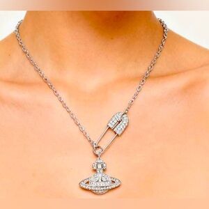 Repurposed Vivienne westwood Crystal saturn Silver safety Pin pendant necklace